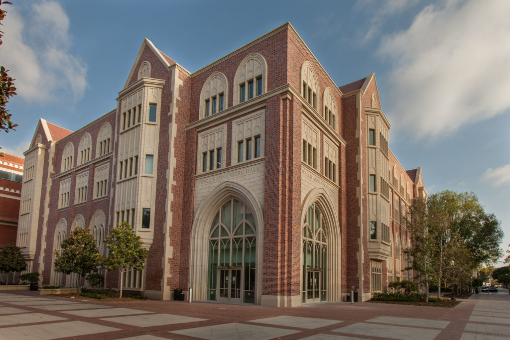 The completed exterior of Wallis Annenberg Hall.